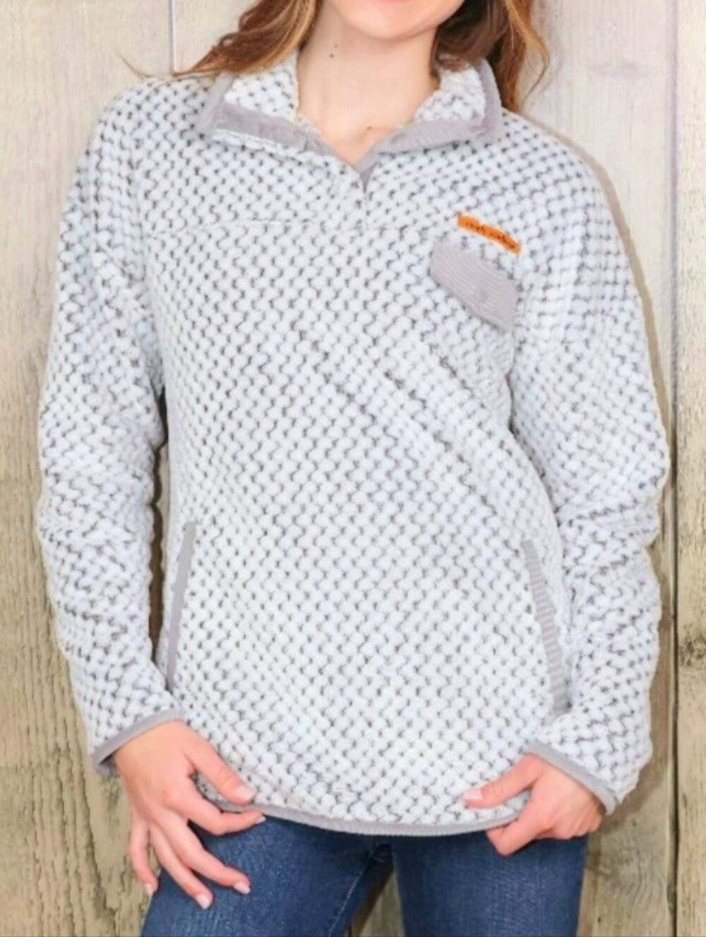 Simply Southern Fuzzy Sherpa Fleece Pullover - Gray/White Size XL Cozy Tailgate